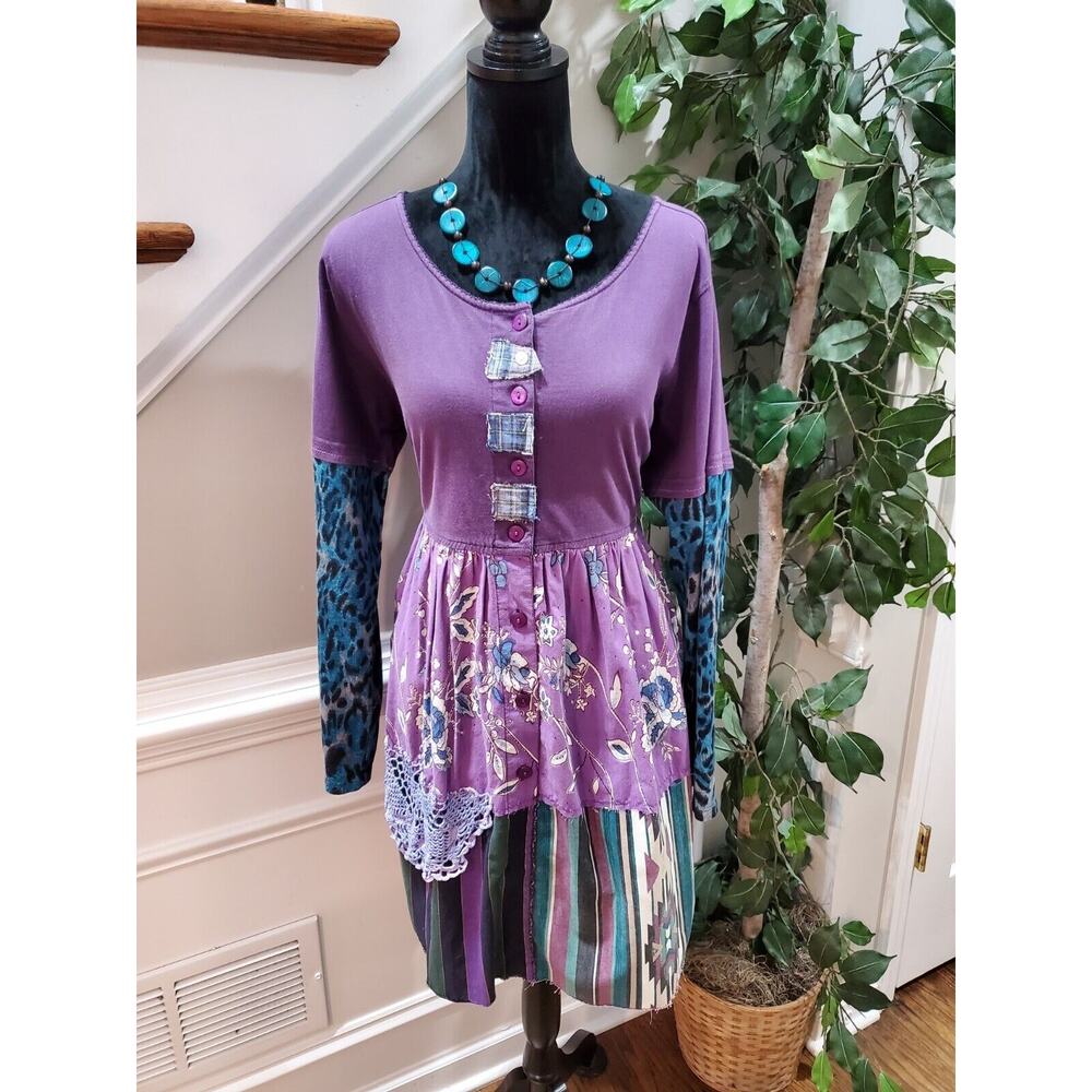 Upcycled lillieNora Dry Goods Purple Round Neck Long Sleeve Knee Length Dress L
